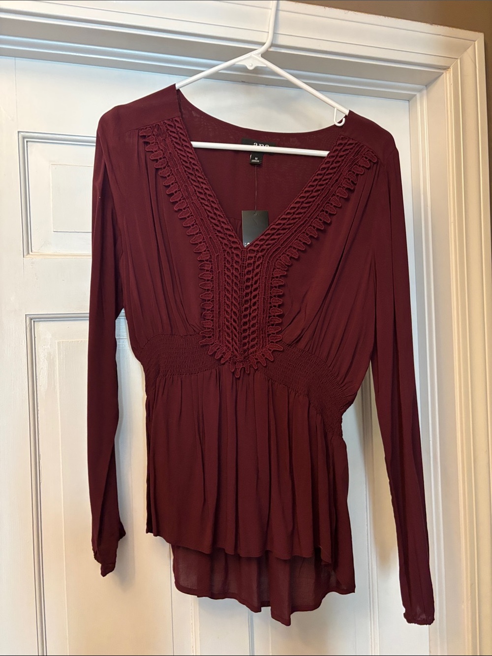 a.n.a Burgundy Crochet-Trim V-Neck Peplum Blouse